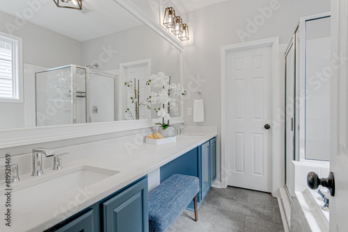Bright clean modern primary bathroom with blue accent cabinets minimally styled furniture and farmhouse light fixtures