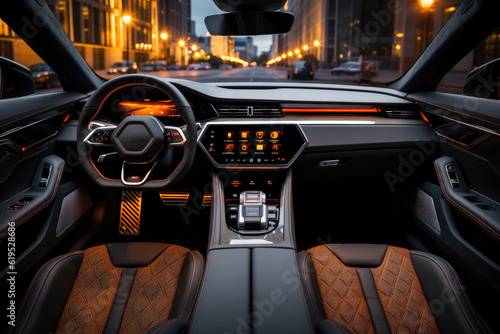 Modern luxury car interior details, Steering wheel, shift lever and dashboard. © visoot
