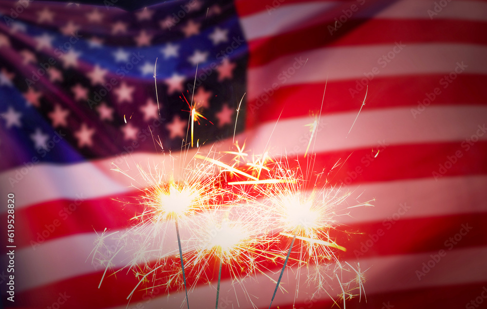 USA flag on sparklers background. American holiday concept. Stock Photo ...
