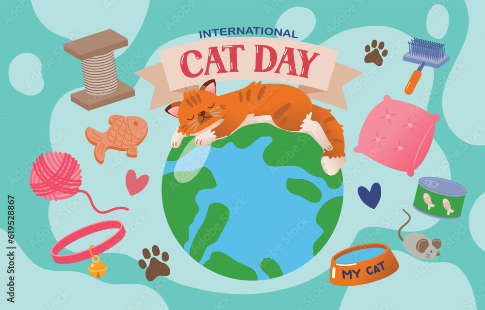 Celebrate International Cat Day with a Cute Cat Sleeping on Earth, Vector, Illustration Celebrate International Cat Day with a Cute Cat Sleeping on Earth, Vector, Illustration