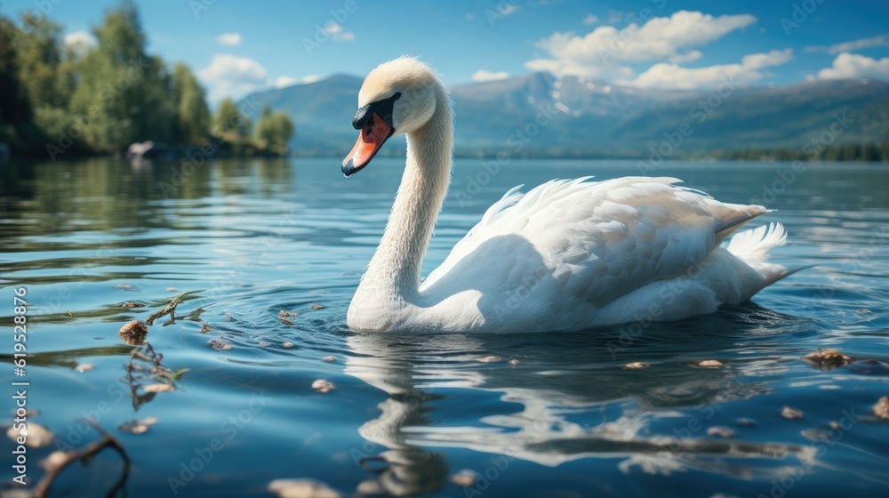 Fototapeta premium Swan, Beautiful white swan floating on the lake, White swan in the water.