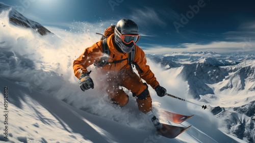 Skiers are skiing down a snowy mountain slope, Athlete skier jumping over slopes.