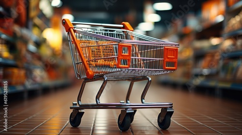 Shopping cart on supermarket aisle at department store.