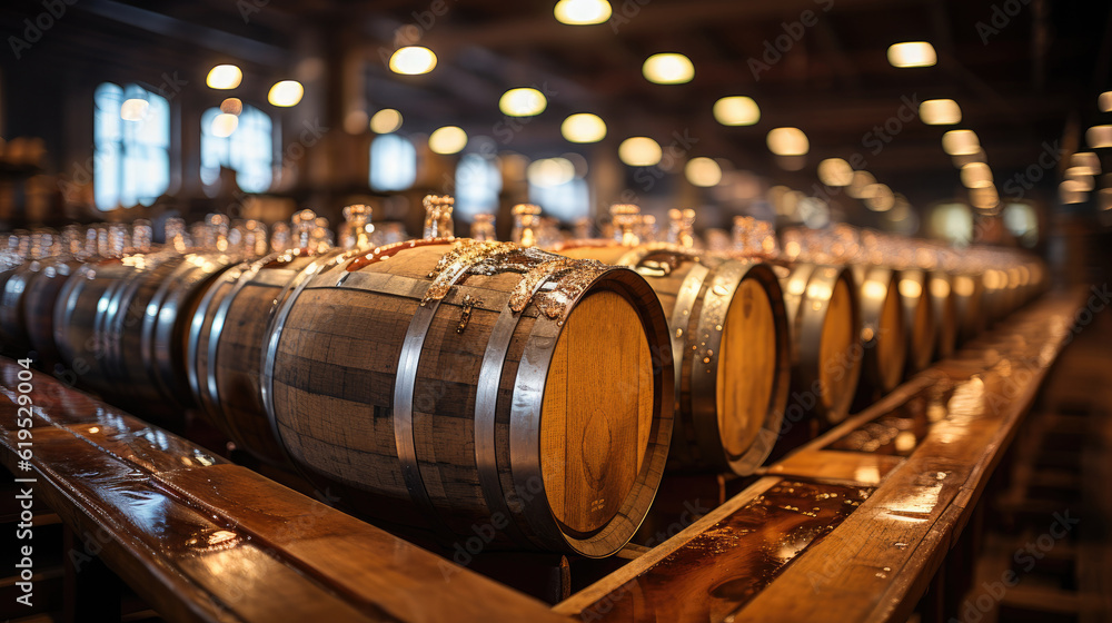 Wine barrels, Wine in wooden barrels is stored for aging. - obrazy, fototapety, plakaty 