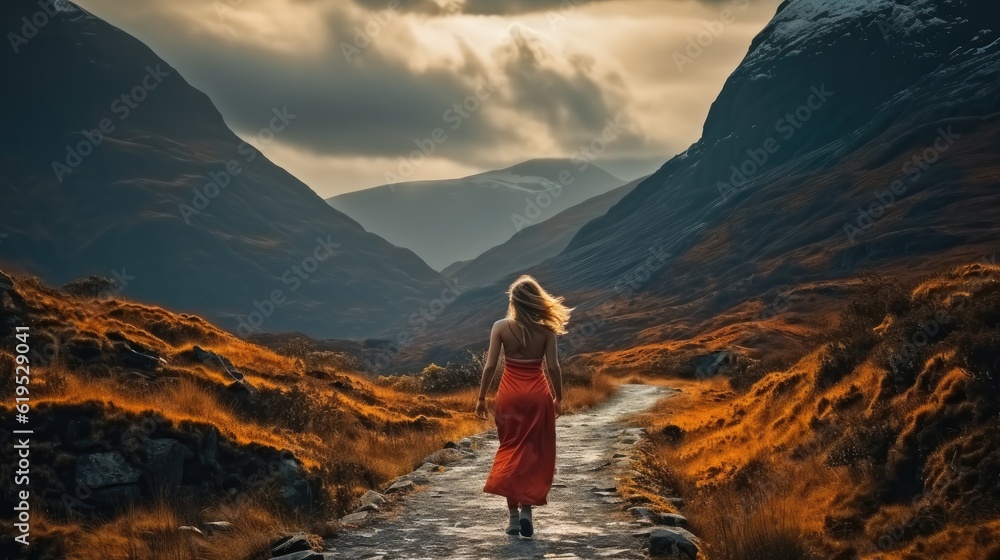 Women walking alone on the road to the mountains.