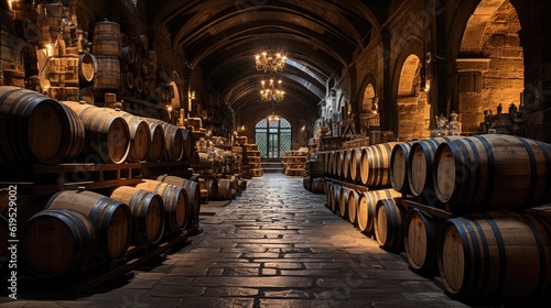 Valokuva Wine barrels in wine vaults, Wine or whiskey barrels, French wooden barrels