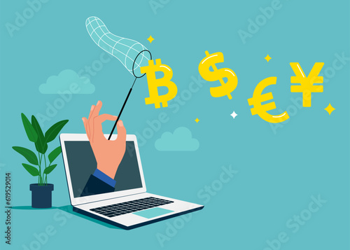 Businessman through the laptop  holding butterfly net catch dollar euro yuan bitcoin money growth wealth exchange. Flat vector illustration.