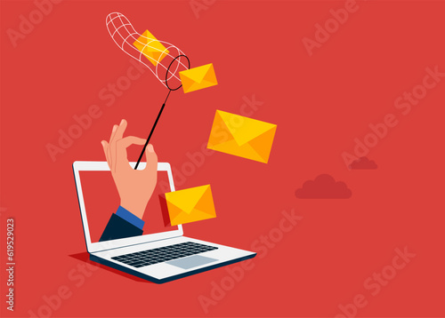 Businessman  through the laptop cathing mail with notification setting using butterfly net. Working using modern technology, web protection. Vector illustration.