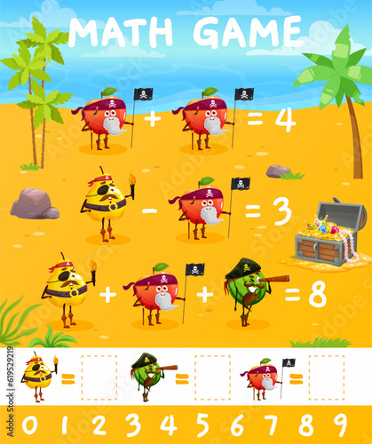 Cartoon funny fruits pirate and corsair characters on math game worksheet, vector quiz. Apple pirate, watermelon captain and pear sailor, kids mathematics puzzle game for number count and calculation