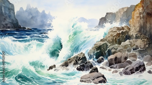 Dramatic cliffs plummet into the untamed ocean. Where crashing waves meet sheer rock faces. Creating a mesmerizing display of power and beauty. Watercolor Painting. Generative AI © Kanisorn