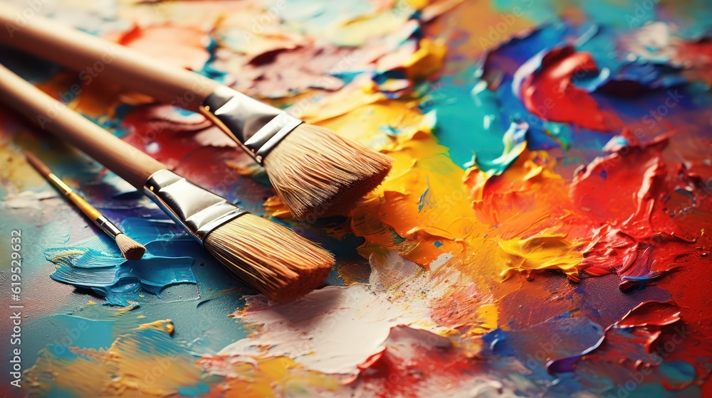 Fototapeta premium Paint brushes and palette of colors on color background
