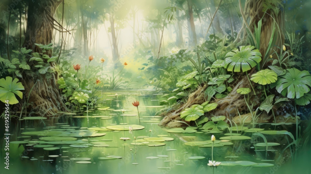Lush wetlands teem with life. Symphony of croaking frogs, chirping crickets, and the occasional rustle of a hidden creature. Watercolor Painting. Generative AI