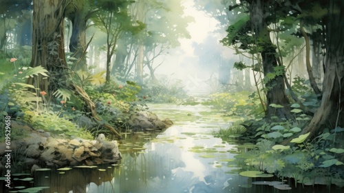 Lush wetlands teem with life. Symphony of croaking frogs, chirping crickets, and the occasional rustle of a hidden creature. Watercolor Painting. Generative AI