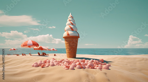 Ice cream cone in the sand of the beach. Vacation scene with ice cream on the shore line. Generative AI.