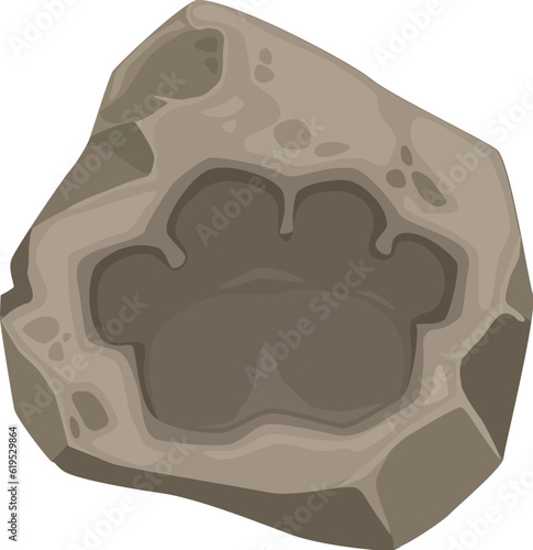 Ancient dinosaur footprint, brontosaurus fossil. Isolated vector dino animal paw print, reptile foot trail impression in stone piece. Cartoon ancient jurassic era archaeological and paleontology finds