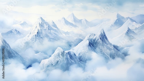 Majestic mountains soar towards the heavens. Adorned with ethereal mist and crowned with glistening snow-capped peaks. Watercolor Painting. Generative AI © Kanisorn