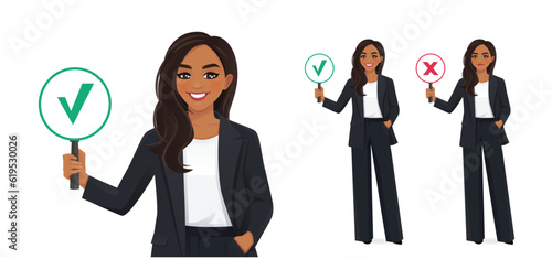 Indian beautiful business woman showing right and wrong sign vector illustration isolated