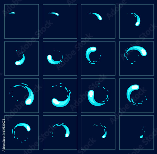 Water motion sprite sheet of animated swirl, vector cartoon animation of liquid effect for game. Water splash motion frame of 2D FX sprite sheet of drop whirl or wave circle twirl and round rotating