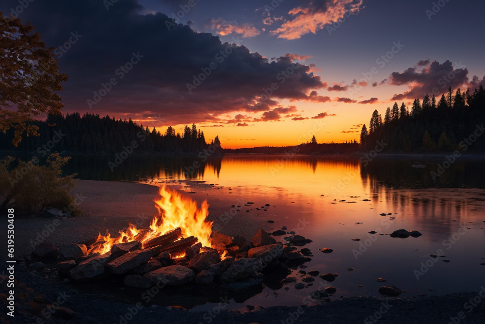 A fire pit by the lake at sunset