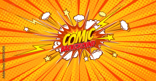 Obraz na plátně Orange and yellow comic pop art background with blast explosion and comics bubble
