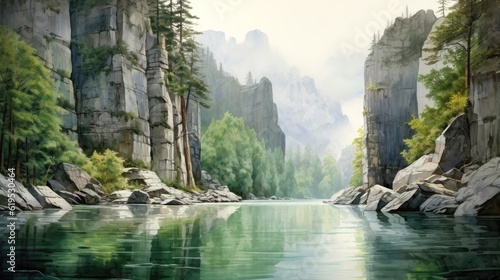 Serpentine rivers meander through untouched wilderness, their tranquil waters reflecting the majesty of towering cliffs and ancient forests. Watercolor Painting. Generative AI