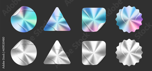 Hologram stickers, silver quality labels and foil tags with vector iridescent gradient. Holographic stickers or holograph texture foil labels and original warranty product seals with silver holography