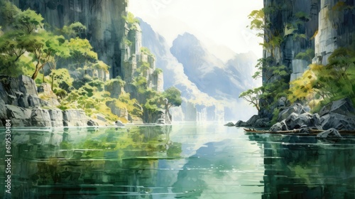 Serpentine rivers meander through untouched wilderness  their tranquil waters reflecting the majesty of towering cliffs and ancient forests. Watercolor Painting. Generative AI