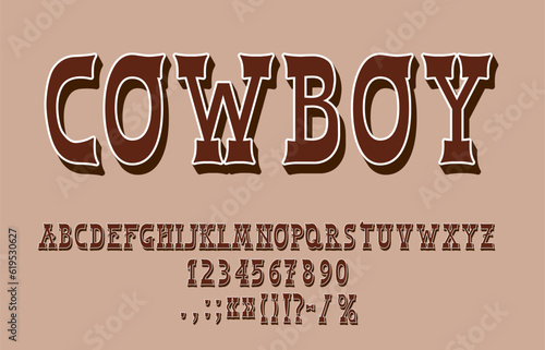 Western rodeo font, Texas type, Wild West typeface, american cowboy alphabet characters. Vector old typography serif font of brown uppercase letters and numbers, rodeo show, Western saloon rustic abc photo
