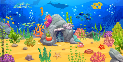 Rock house and underwater landscape game level map. Cartoon animals, fish shoal and seaweeds. Vector fantasy dwelling, mermaid or fish home inside of stone with forged gate, and bright undersea plants