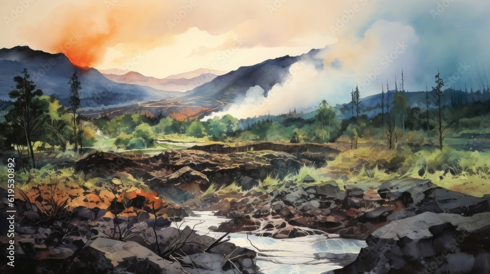 Volcanic landscapes reveal their fiery origins, rugged lava fields