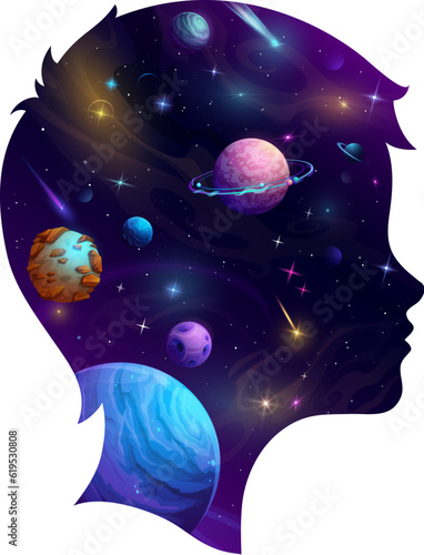 Boy head silhouette and cartoon galaxy space. Double exposition. Vector male kid face profile with mesmerizing beauty of cosmos, enchanting stars, planets, nebulae and comets within of his mind