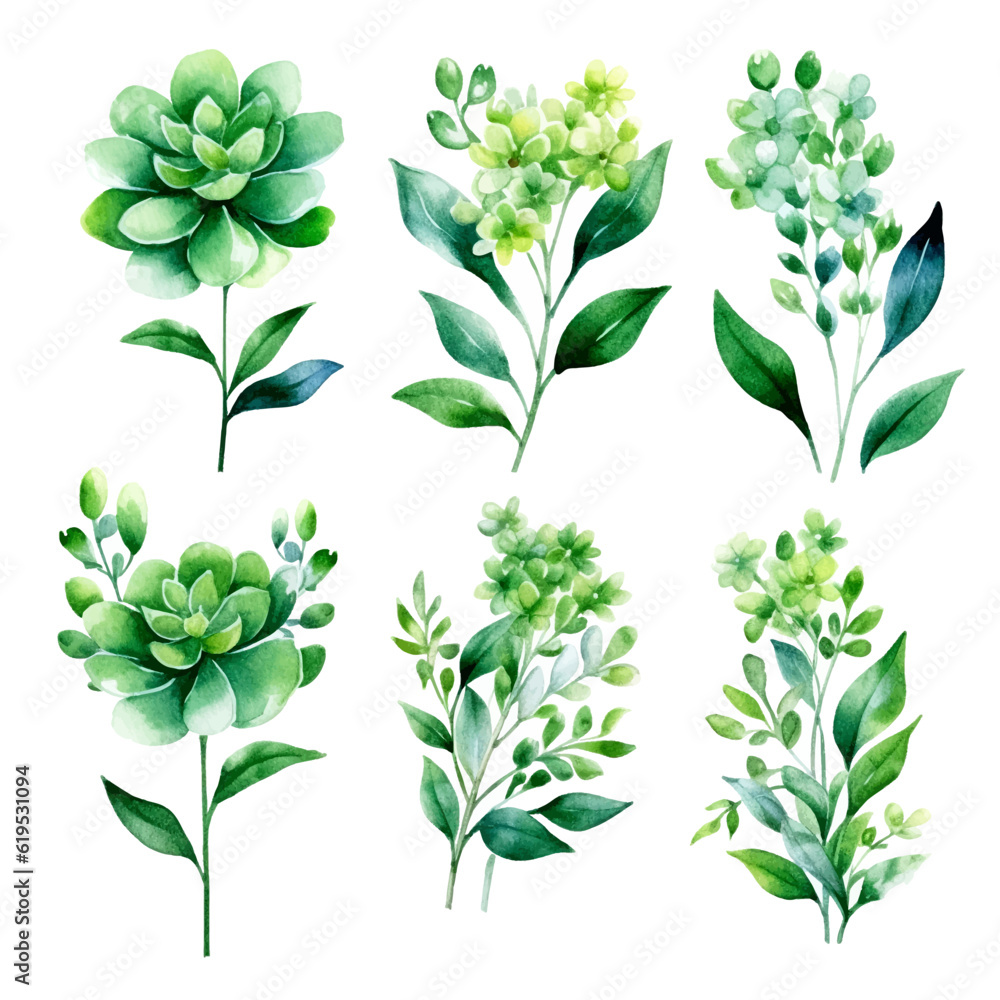 Green flowers set, flat vector illustration isolated on white background. Green floral plant decorative	
