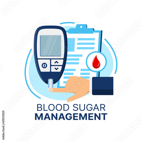 Diabetes care icon of vector blood sugar management. Glucose level meter or glucometer with sugar test strip and finger, blood drop and health check up clipboard. Diabetes control or prevention symbol