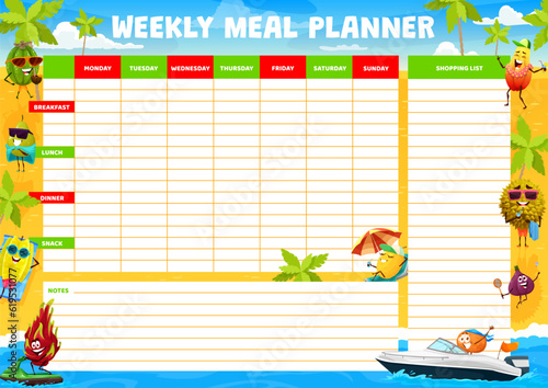 Weekly meal planner, cartoon fruits characters on summer beach, food plan. Eating vector organizer of weekly diet schedule with papaya, mandarin and feijoa with pitaya fruit on summer sea holidays