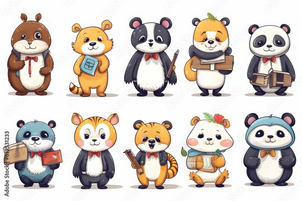 Set of cute cartoon animals school Set of cute cartoon animals school