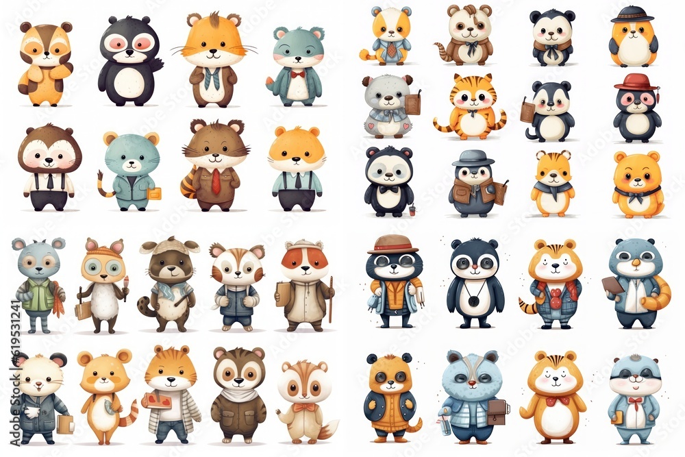 Obraz premium Set of cute cartoon animals school