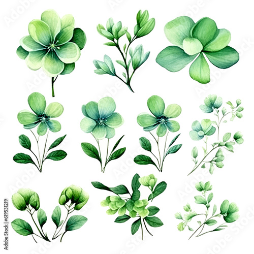 Green flowers set, flat vector illustration isolated on white background. Green floral plant decorative	