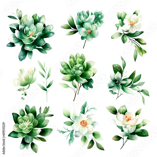 Green flowers set, flat vector illustration isolated on white background. Green floral plant decorative	