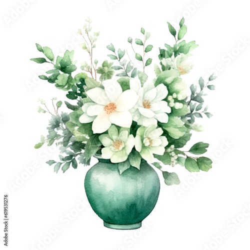 Green flower in vase, flat vector illustration isolated on white background. Green floral plant decorative	