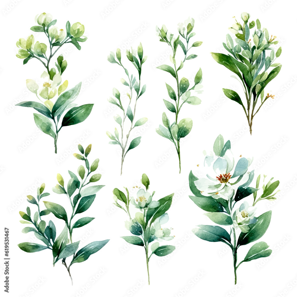 Green flowers set, flat vector illustration isolated on white background. Green floral plant decorative Green flowers set, flat vector illustration isolated on white background. Green floral plant decorative