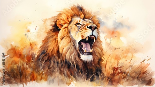 Majestic lion, with its golden mane and powerful roar, rules over the African savannah as the king of the jungle, symbolizing strength and leadership in nature. Generative AI © Kanisorn