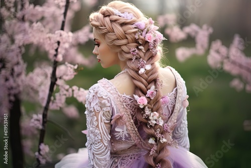 beautiful woman in bridal dress walking in pink flower garden, fairytale atmosphere, Generative Ai