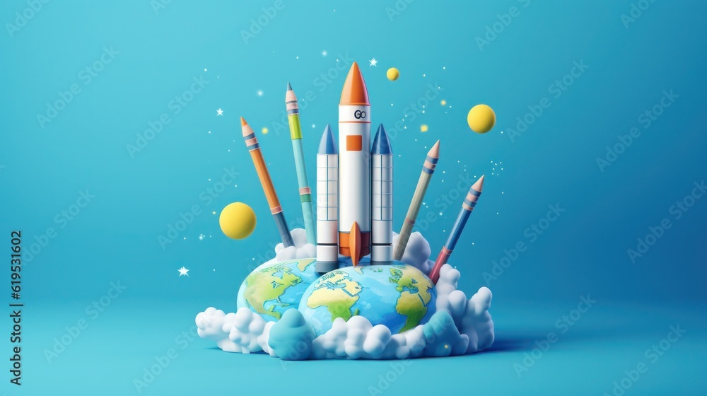 Back to school concept with globe, pencils and rocket - obrazy, fototapety, plakaty 
