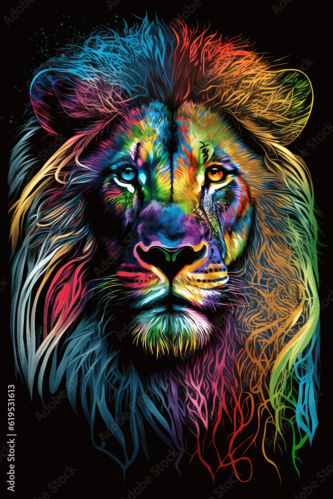 Lion head, rainbow colors, black background, abstract, AI generative