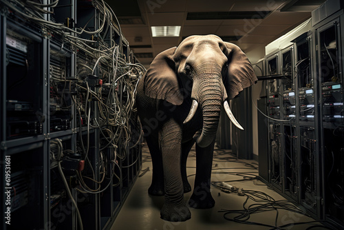 Elephant in the server room. Concept of the big data and digital fragility. Generated AI. © swillklitch