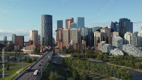 Aerial view of Calgary's urban city centre on a beautiful summer morning, 