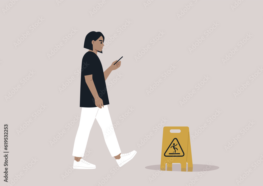 Young Caucasian character distracted by their smartphone ignoring a yellow wet floor caution sign on their way Young Caucasian character distracted by their smartphone ignoring a yellow wet floor caution sign on their way