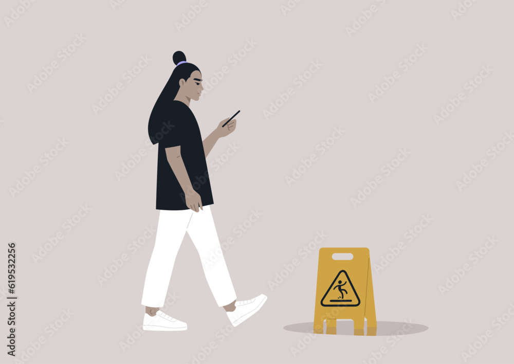 Fototapeta premium Young Asian character distracted by their smartphone ignoring a yellow wet floor caution sign on their way