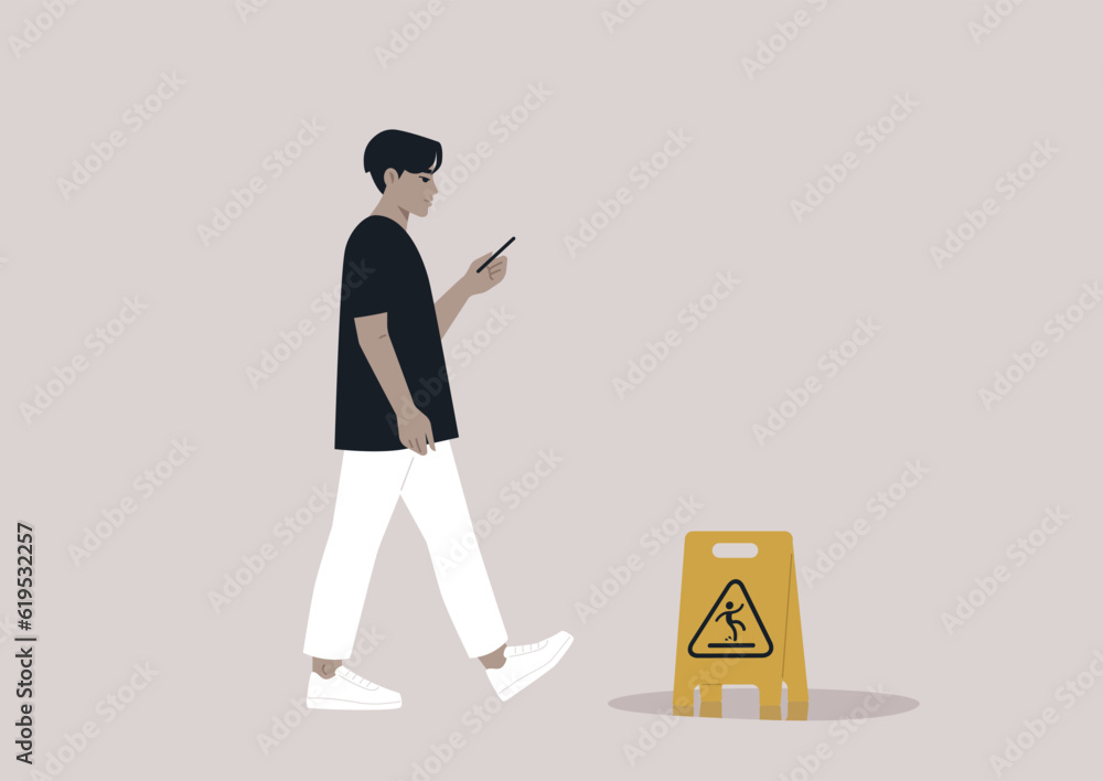 Young Asian character distracted by their smartphone ignoring a yellow wet floor caution sign on their way Young Asian character distracted by their smartphone ignoring a yellow wet floor caution sign on their way