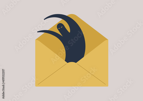 Blackmailing concept, a spooky monster silhouette inside a yellow envelope